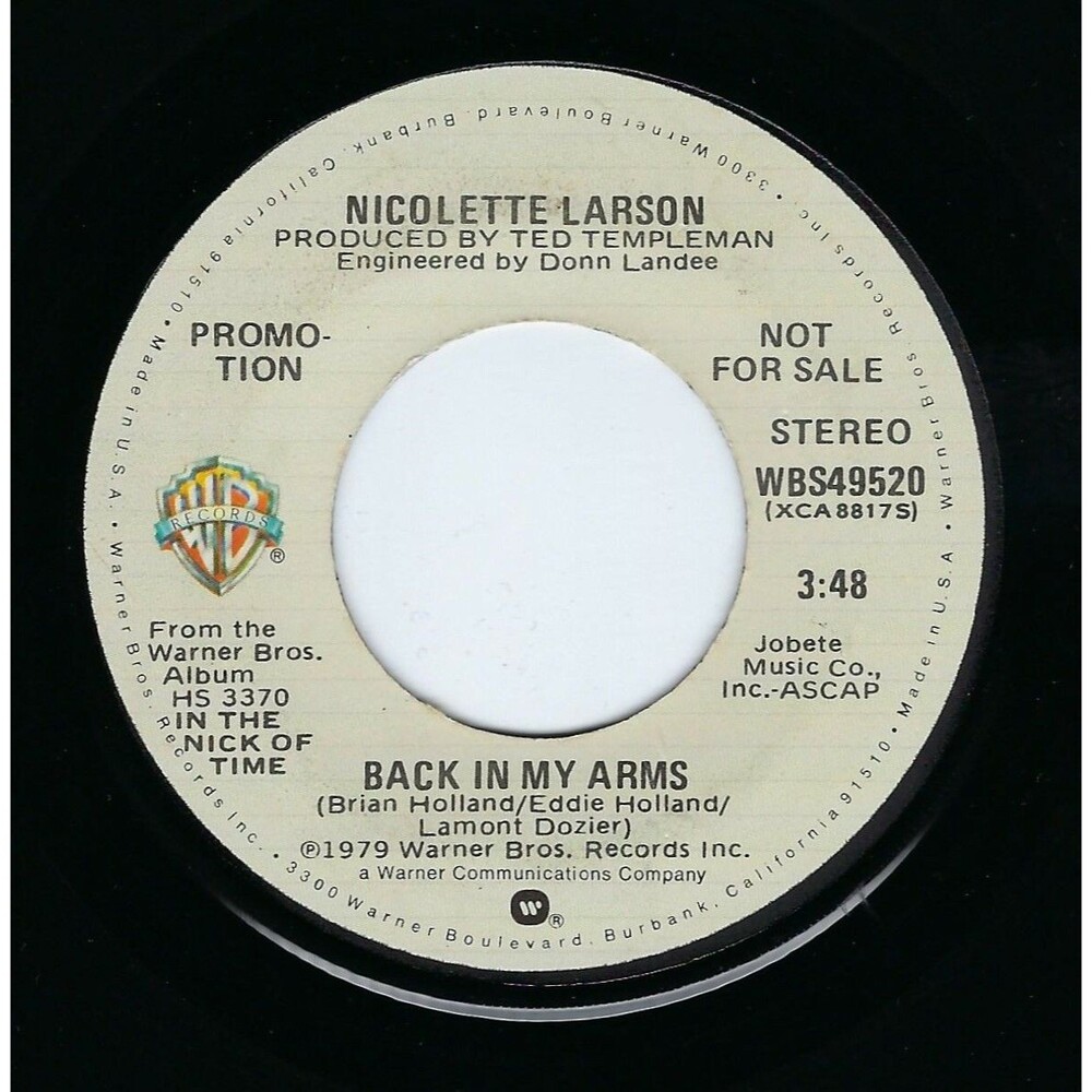 Nicolette Larson - Back In My Arms / Mono - Warner Bros. 45 RPM 7" Vinyl '79 DJ